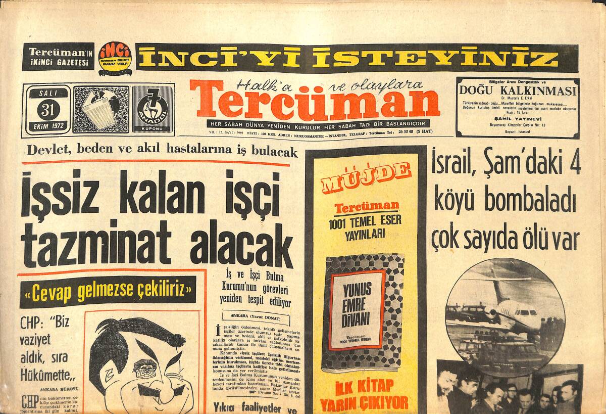 Tercüman Gazetesi 31 Ekim 1972 - İsrail , Şam'daki 4 Köyü Bombaladı Çok Sayıda Ölü Var GZ144478 - 1