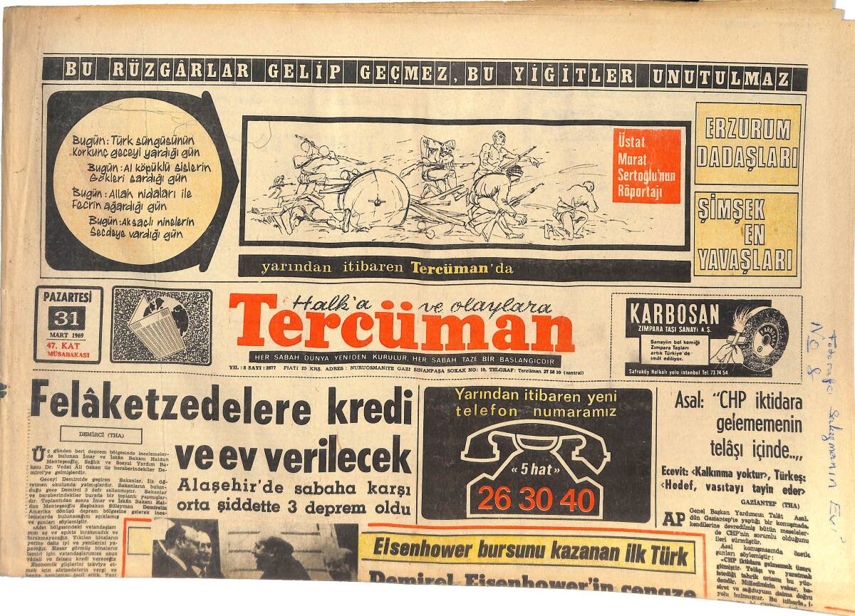 Tercüman Gazetesi 31 Mart 1969 - Demirel, Eisenhower'in Cenazesi Töreni İçin Amerika'ya Gitti! - F.Bahçe, BJK Mağlup, G.Saray Berabere GZ145157 - 1