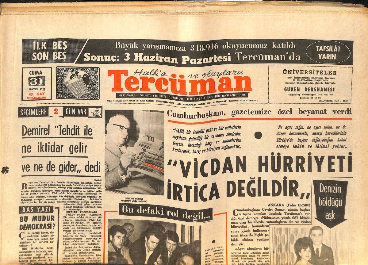 Tercüman Gazetesi 31 Mayıs 1968 - İflas Eden Göksel Arsoy'un Bütün Eşyaları Haczedildi - Fransa'da İç Harp Havası Esiyor GZ141457 - 1