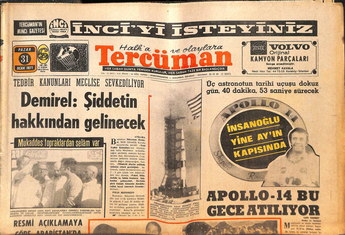 Tercüman Gazetesi 31 Ocak 1971 - Demirel: Şiddetin Hakkından Gelinecek - Cihat Arman Göreve Başlıyor - Beyazıt Kürsüye Geliyor! GZ144371 - 1