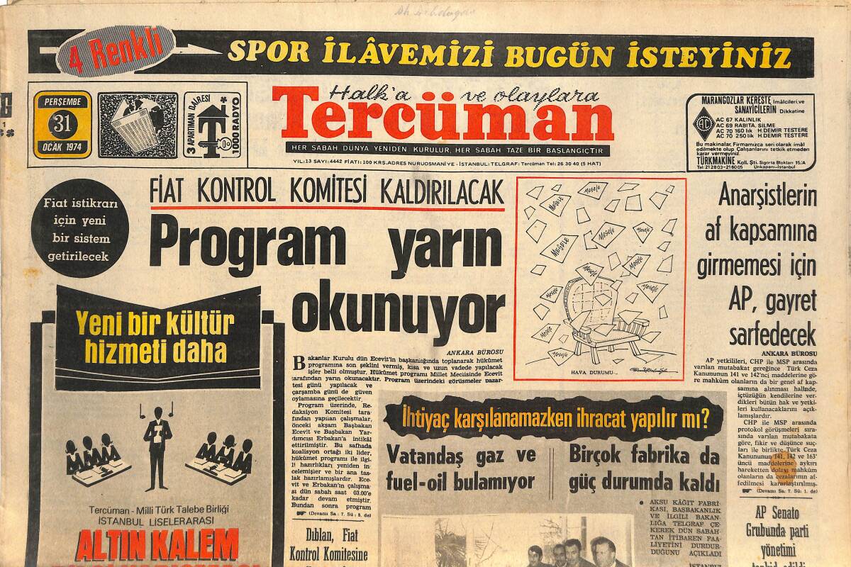 Tercüman Gazetesi 31 Ocak 1974 - Anarşistlerin Af Kapsamına Girmemesi İçin AP , Gayret Sarfedecek GZ145077 - 1