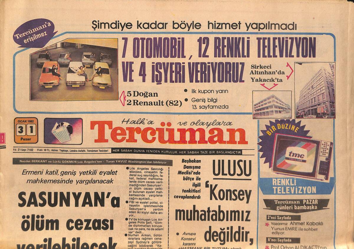Tercüman Gazetesi 31 Ocak 1982 - Sasunyan'a Ölüm Cezası Verilebilecek - Kenan Evren, Avrupa Konseyi Konusunda Bugün Bir Açıklama Yapacak! GZ146516 - 1
