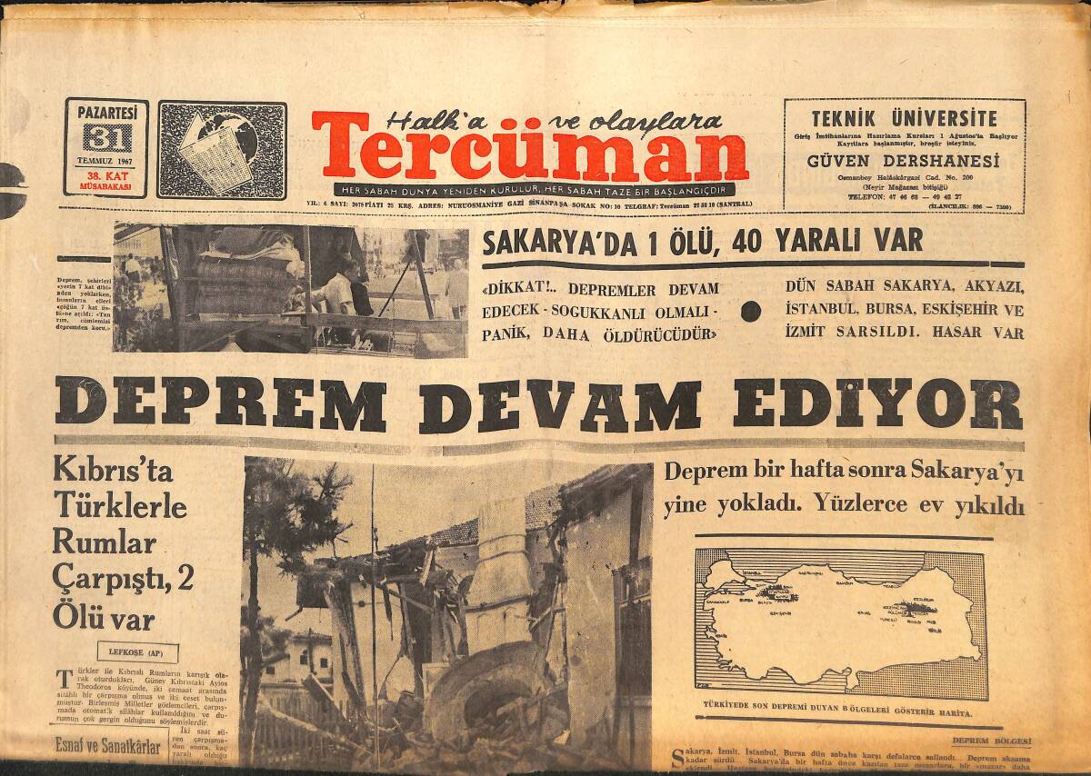 Tercüman Gazetesi 31 Temmuz 1967 - Zeki Müren Afiş! - Esat Kazancı, Halter Fed. Başkanı Oldu! - Futbol Borsası Kapanıyor! GZ145981 - 1
