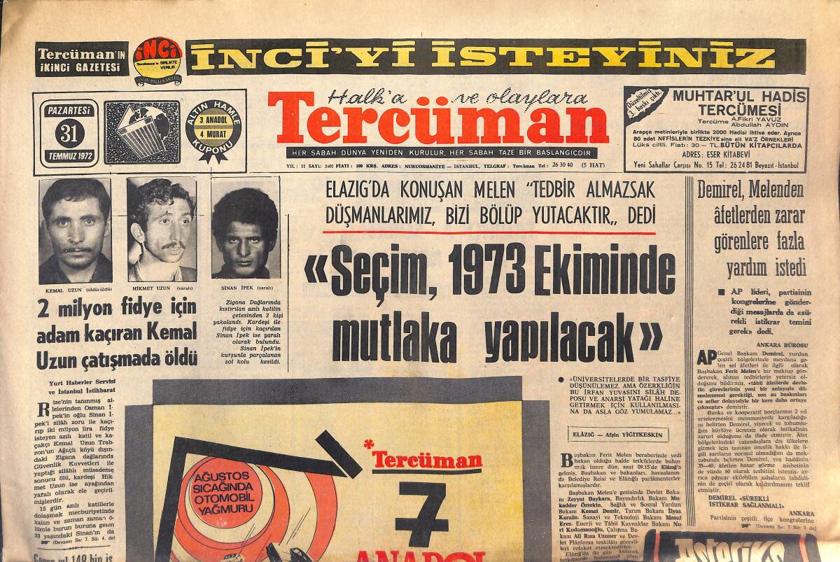 Tercüman Gazetesi 31 Temmuz 1972 - Birch Galatasaray Bu Yıl Da Şampiyon Olacak Dedi - Morkal, Alman Spor Akademisinde Tahsil Görecek! GZ146052 - 1