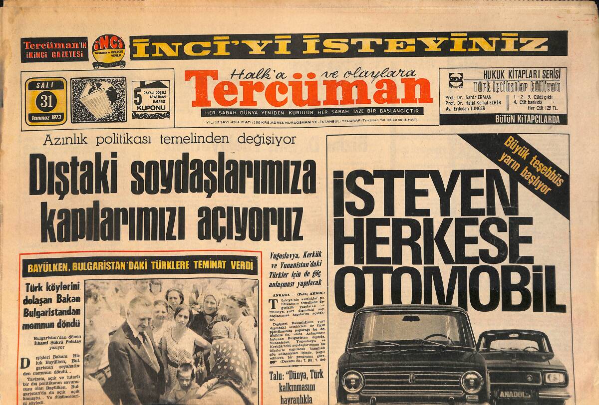 Tercüman Gazetesi 31 Temmuz 1973 - Nöbetçi TOFAŞ Servisi Kuruldu - Deniz Harp Okulu Ve Lisesi'nin 200.Şeref Yılını Kutluyoruz GZ160490 - 1
