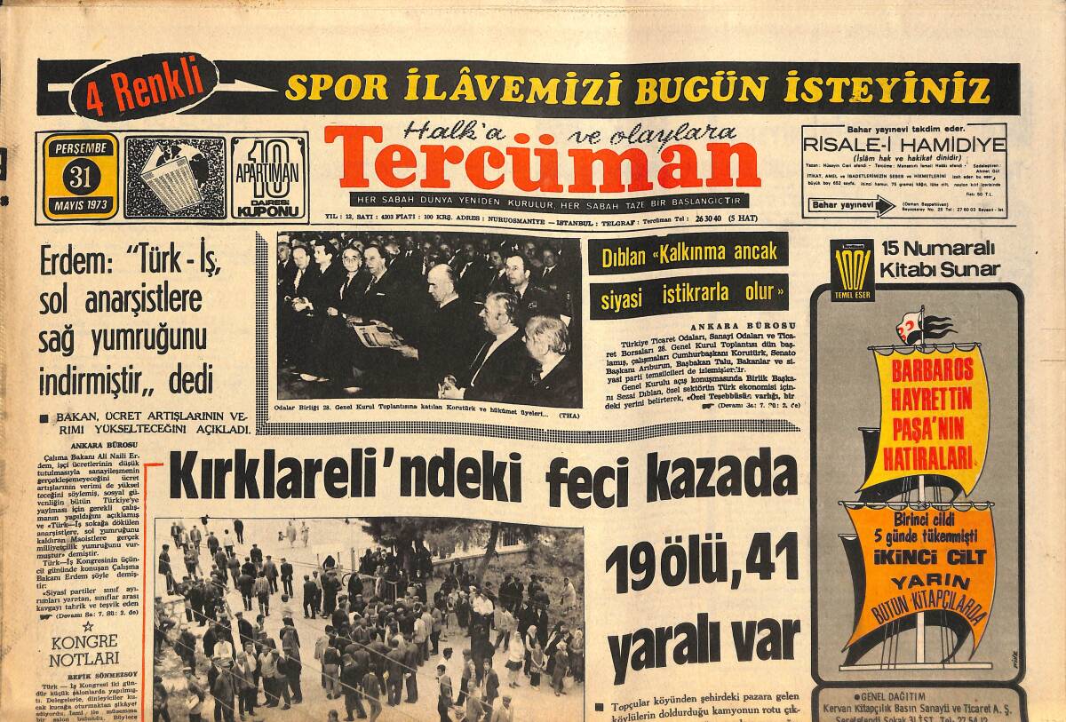 Tercüman Gazetesi 31 Temmuz 1973 - Okmeydanı Gecekondularına Tapu Veriliyor - Galatasaray Krallığı GZ141782 - 1