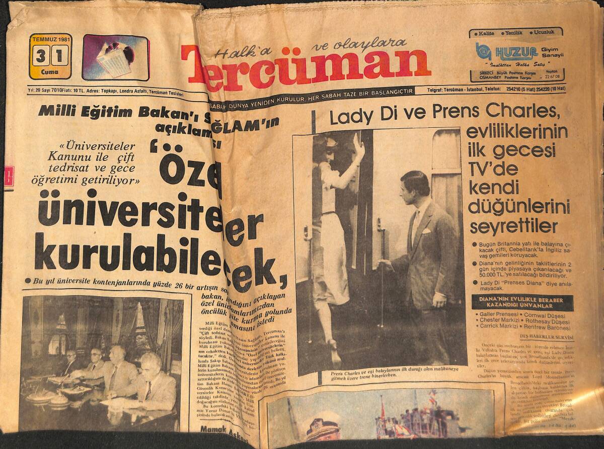 Tercüman Gazetesi 31 Temmuz 1981 - Lady Di Ve Prens Charles Evliliklerinin İlk Gecesi Kendi Düğünlerini TV'Den Seyrettiler GZ133865 - 1