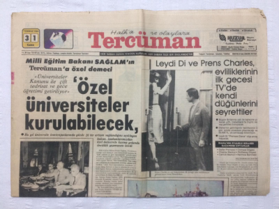 Tercüman Gazetesi 31 Temmuz 1981 - Leydi Di Ve Prens Charles Evliliklerinin İlk Gecesi Tvde Kendi Düğünlerini Seyrettiler - GZ17330 - 2