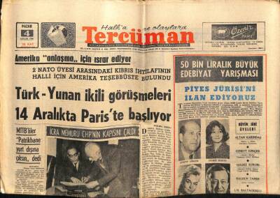 Tercüman Gazetesi 4 Aralık 1966 - Türk Yunan İkili Görüşmeler 14 Aralıkta Pariste Başlıyor GZ54390 - 1