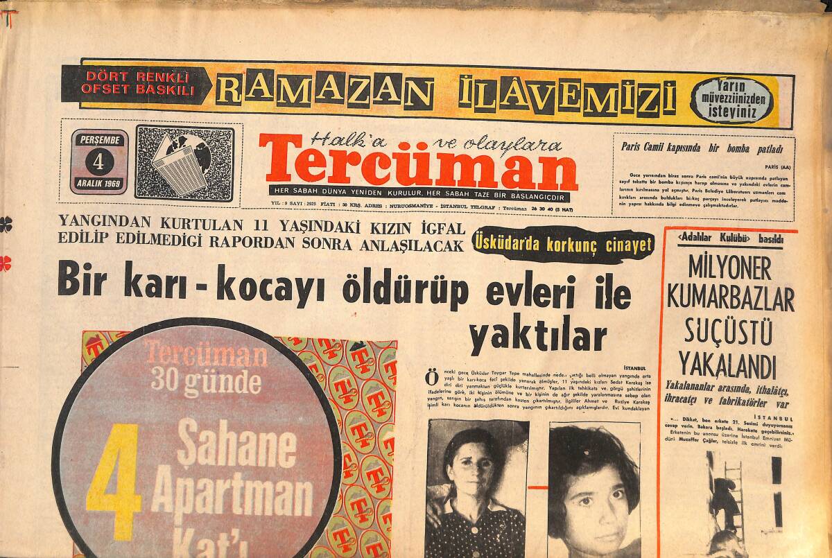 Tercüman Gazetesi 4 Aralık 1969 - Milyoner Kumarbazlar Suçüstü Yakalandı! - Uçaroğlu Orkestrası Artık Babasız Kaldı! GZ146279 - 1