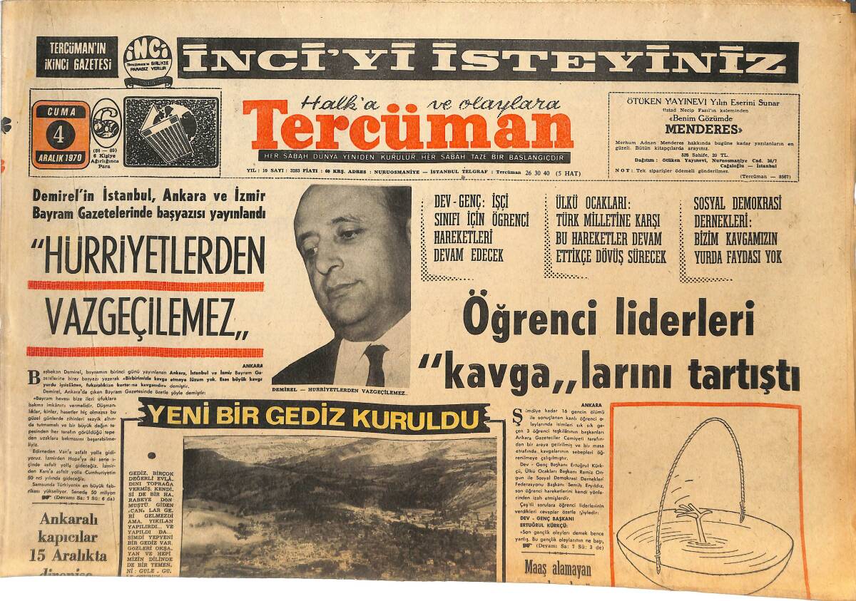 Tercüman Gazetesi 4 Aralık 1970 - UEFA'DAN Cemil, Ender Ve Ergün'e İhtar Geldi! - 1784 Ev Gedizlilere Dün Teslim Edilidi! GZ145031 - 1