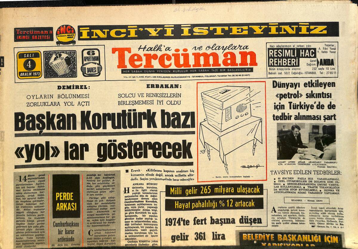 Tercüman Gazetesi 4 Aralık 1973 - Başkan Korutürk Bazı Yollar Gösterecek - İzmit'te 1300 Seramik İşçisi Açlık Grevi Yapıyor GZ145475 - 1