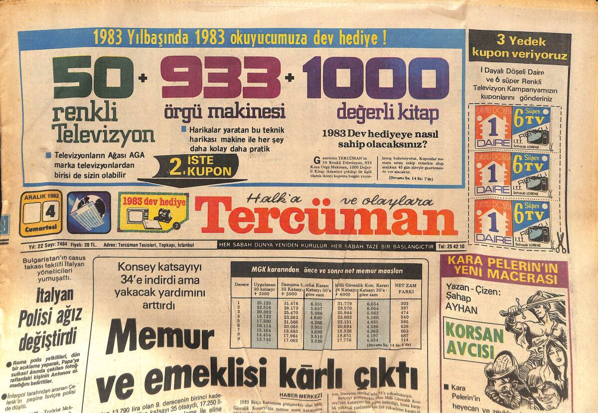Tercüman Gazetesi 4 Aralık 1982 - Memur Ve Emeklisi Karlı Çıktı - Yılın Sporcusu Ve Yılın Takımı Seçiliyor GZ133340 - 1