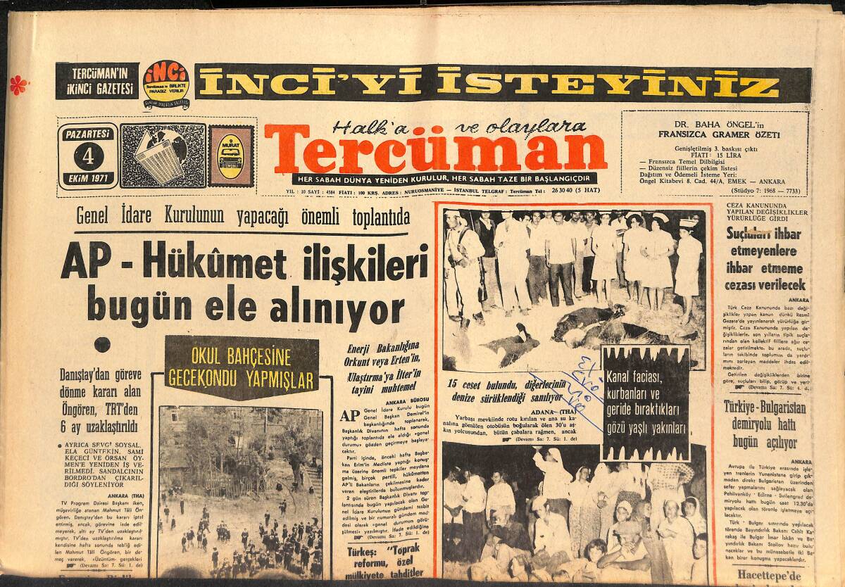 Tercüman Gazetesi 4 Ekim 1971 - Galatasaray Berabere Fenerbahçe Galip - Nasır, Kendisine Öldürülen Nuri Said'in Bir Parmağı Hediye Edilince Çok Kızdı GZ145582 - 1
