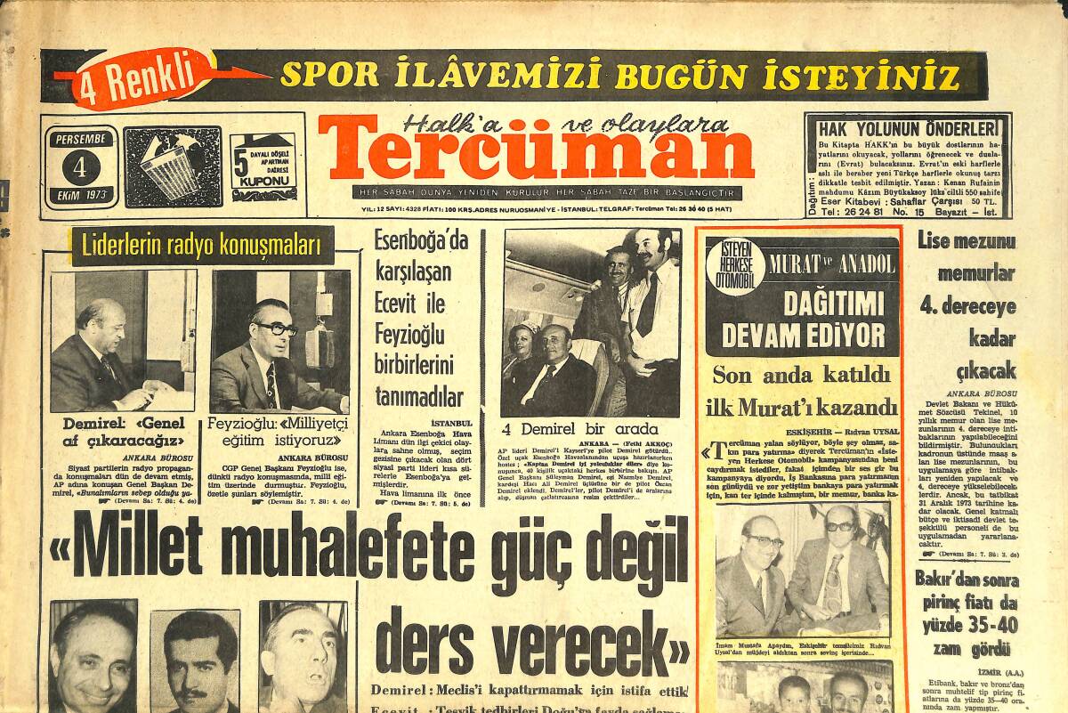 Tercüman Gazetesi 4 Ekim 1973 - Esenboğa'da Karşılaşan Ecevit İle Feyzioğlu Birbirlerini Tanımadı - Fenerbahçe 2. Turda GZ144332 - 1