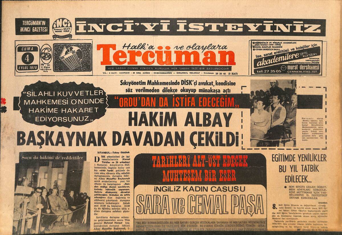 Tercüman Gazetesi 4 Eylül 1970 - Muhammed Ali Clay, 3 Yıl Sonra Ringde - Uzay'a İki Fare İle Bir Piliç Fırlatıldı GZ146204 - 1