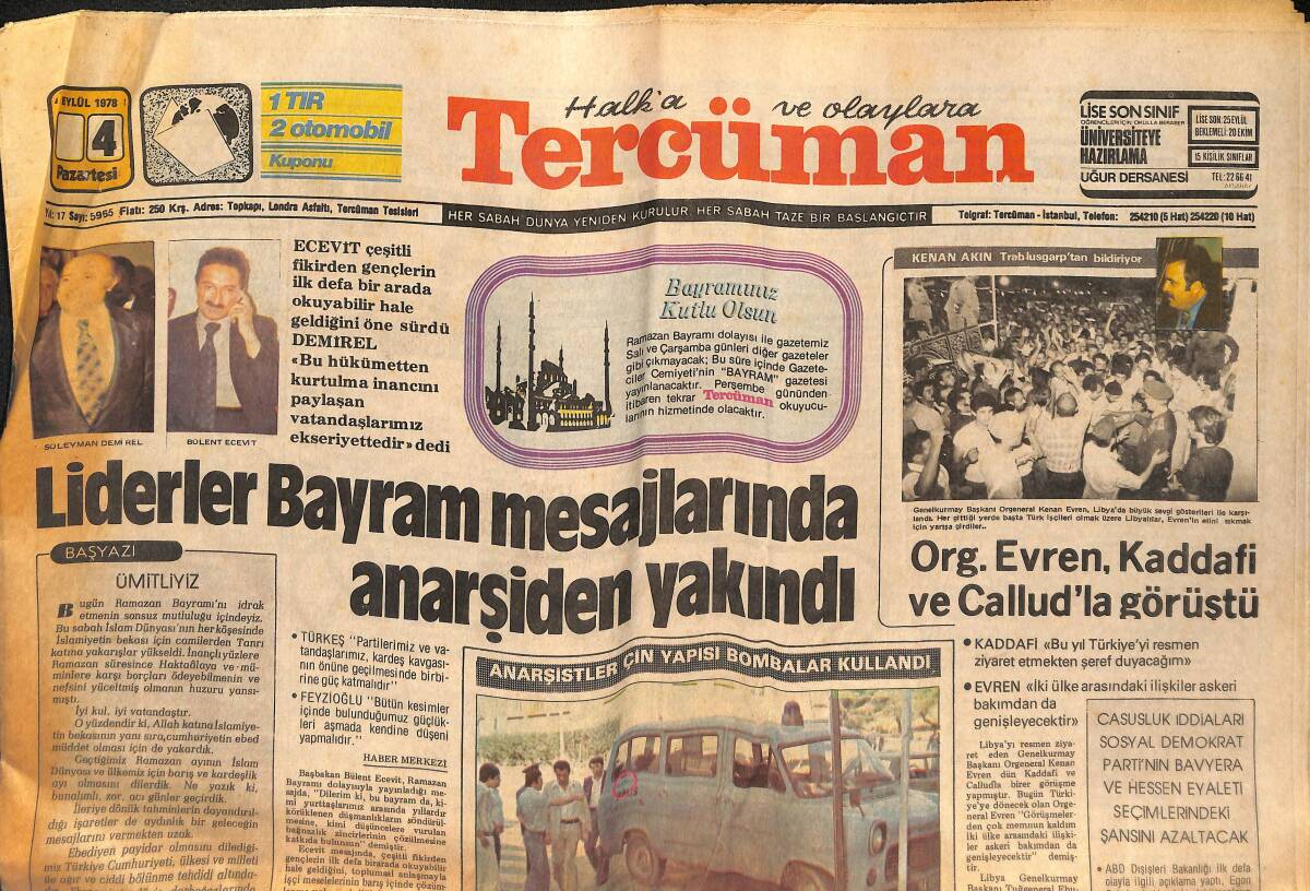 Tercüman Gazetesi 4 Eylül 1978 - Evren, Kaddafi Ve Callud'la Görüştü - Beşiktaş Farka Koştu - Trabzon, Adana'ya Acımadı GZ133380 - 1