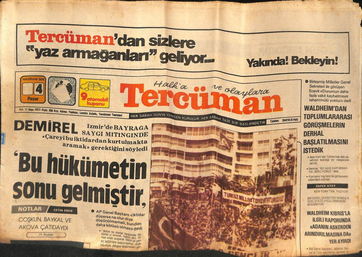 Tercüman Gazetesi 4 Haziran 1978 - Demirel, İzmir'de - Madrid B.Elçisi Eşi ve Bacanağı Cenazeleri Bugün Türkiye'ye Geliyor GZ133270 - 1