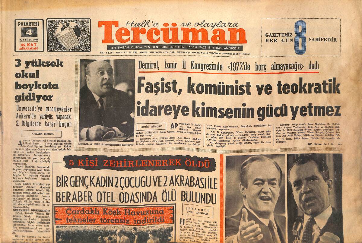 Tercüman Gazetesi 4 Kasım 1968 - Humphrey Yarınki Seçime, Nixon'dan Daha Şanslı Giriyor! - Fenerbahçe Lige Veda Etti! GZ146120 - 1