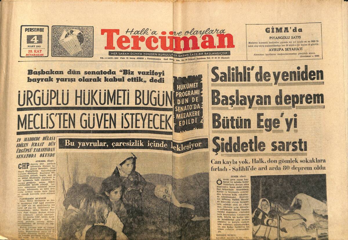 Tercüman Gazetesi 4 Mart 1965 - Kızamık 60 Çocuğun Canını Aldı - Ürgüplü Hükümeti Meclis'ten Güven İsteyecek! GZ140567 - 1