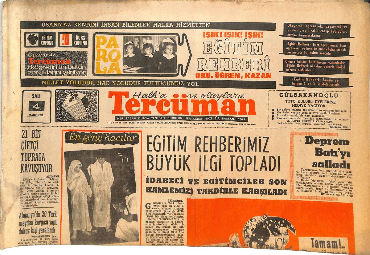 Tercüman Gazetesi 4 Mart 1969 - Deprem Batı'yı Salladı! - Albay Cundi Samimiyetini İspat İçin İntihar Etmiş! GZ145019 - 1