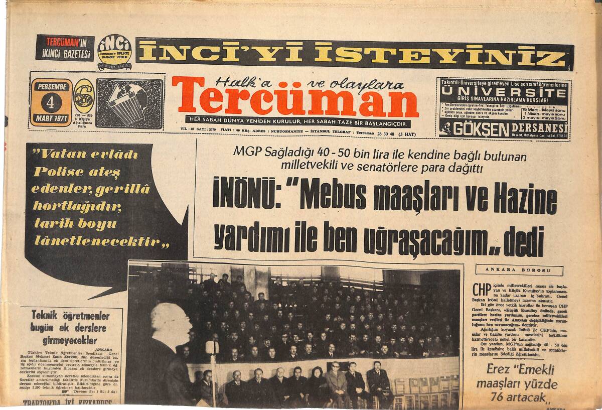 Tercüman Gazetesi 4 Mart 1971 - Terhis Olan Erlere İlk Defa Jubile Yapıldı - Erez '' Emekli Maaşları Yüzde 76 Artacak '' GZ144769 - 1