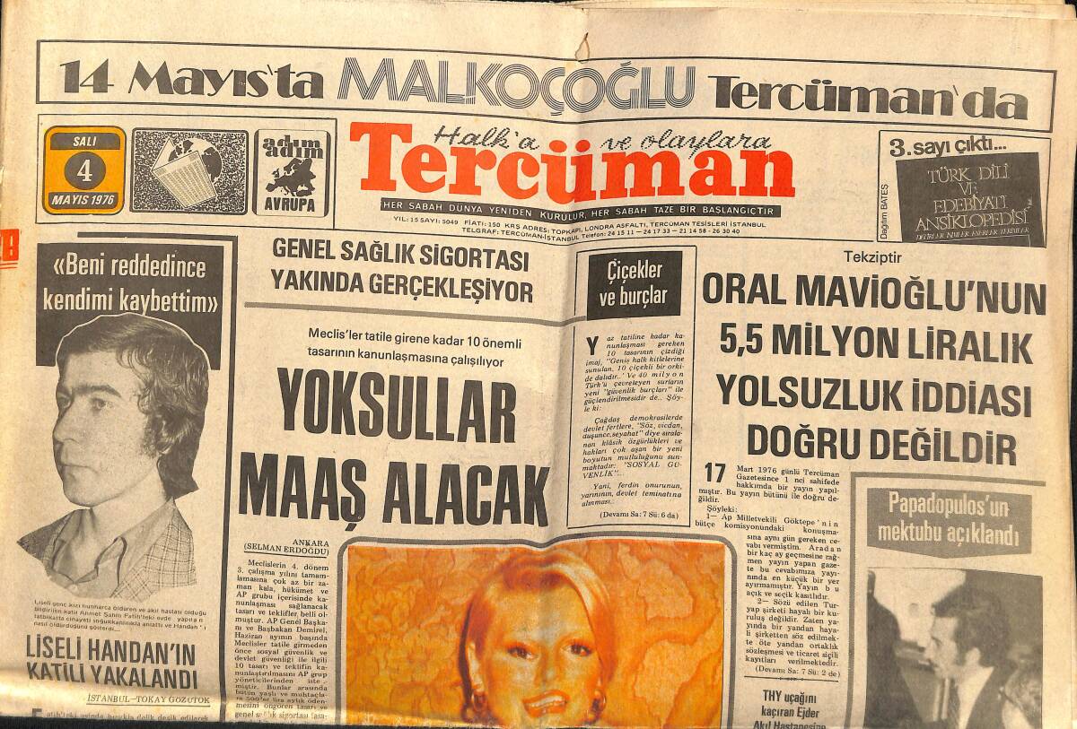 Tercüman Gazetesi 4 Mayıs 1976 - Olympia'da Bir Türk : Ajda Pekkan - Genel Sağlık Sigortası Yakında Gerçekleşiyor GZ160290 - 1