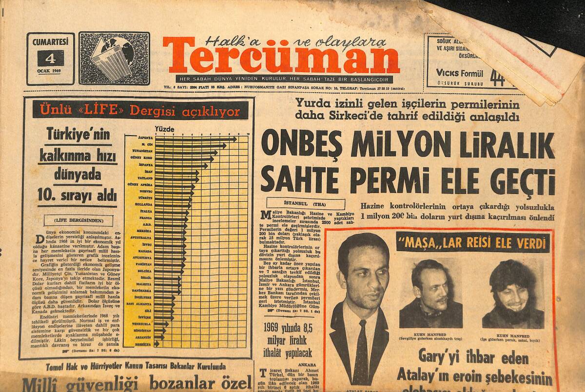 Tercüman Gazetesi 4 Ocak 1969 - Bir Amerikan Uçağı, 148 Kişi İle Küba'ya Kaçırıldı! - Beşiktaş Chergely İle Anlaştı! GZ146275 - 1