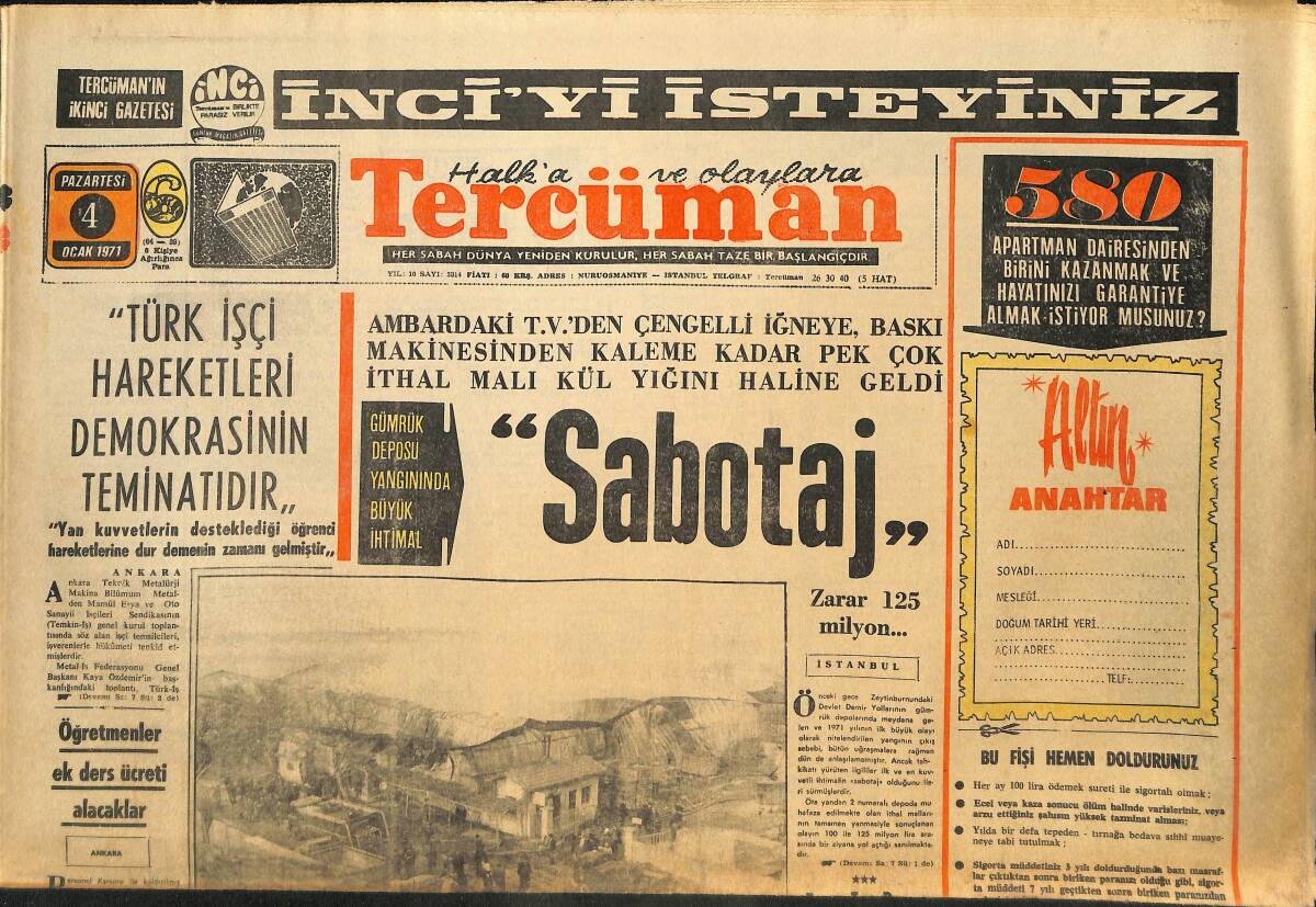 Tercüman Gazetesi 4 Ocak 1971 - Türkiye'de Veremli Sayısı 250 Bine Düştü - Galatasaray Liderliğe Çıktı GZ145408 - 1