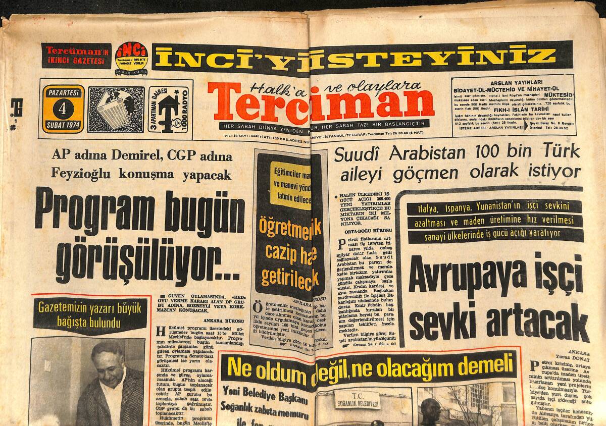 Tercüman Gazetesi 4 Şubat 1974 -Demirel Ve Feyizoğlu Konuşma Yapacak - Beşiktaş, Vefa'yı Mağlup Etti GZ134011 - 1