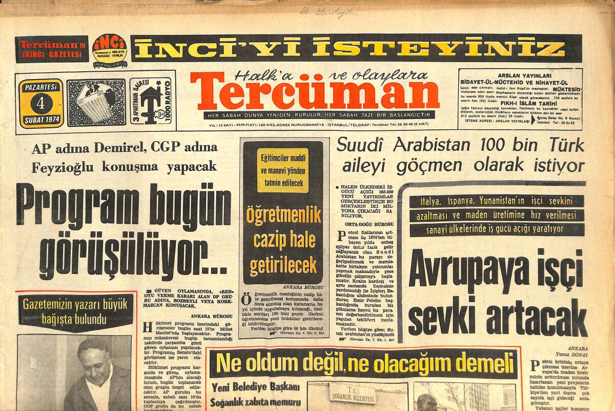 Tercüman Gazetesi 4 Şubat 1974 - Soygun Yapan Şakiler , Bir Assubayı Öldürdüler - Avrupa'ya İşçi Sevki Artacak GZ144469 - 1
