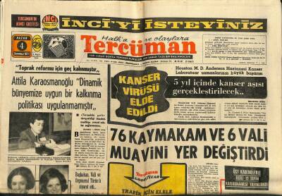 Tercüman Gazetesi 4 Temmuz 1971 - Birkaç Yıl Sonra Et İthaline Mecbur Olacağız - Kanser Virüsü Elde Edildi GZ123513 - 1