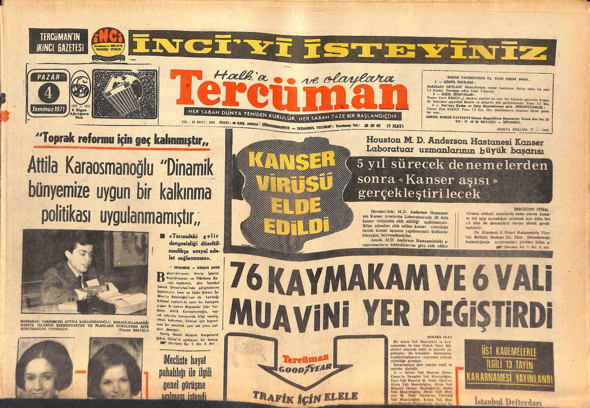 Tercüman Gazetesi 4 Temmuz 1971 - Fraizer Gösteri Maçı Yapacak - Kennedy'nin CIA'nın Yetkisini Kısıtlamak İstediği İçin Öldürüldüğü İddia Edildi GZ145586 - 1