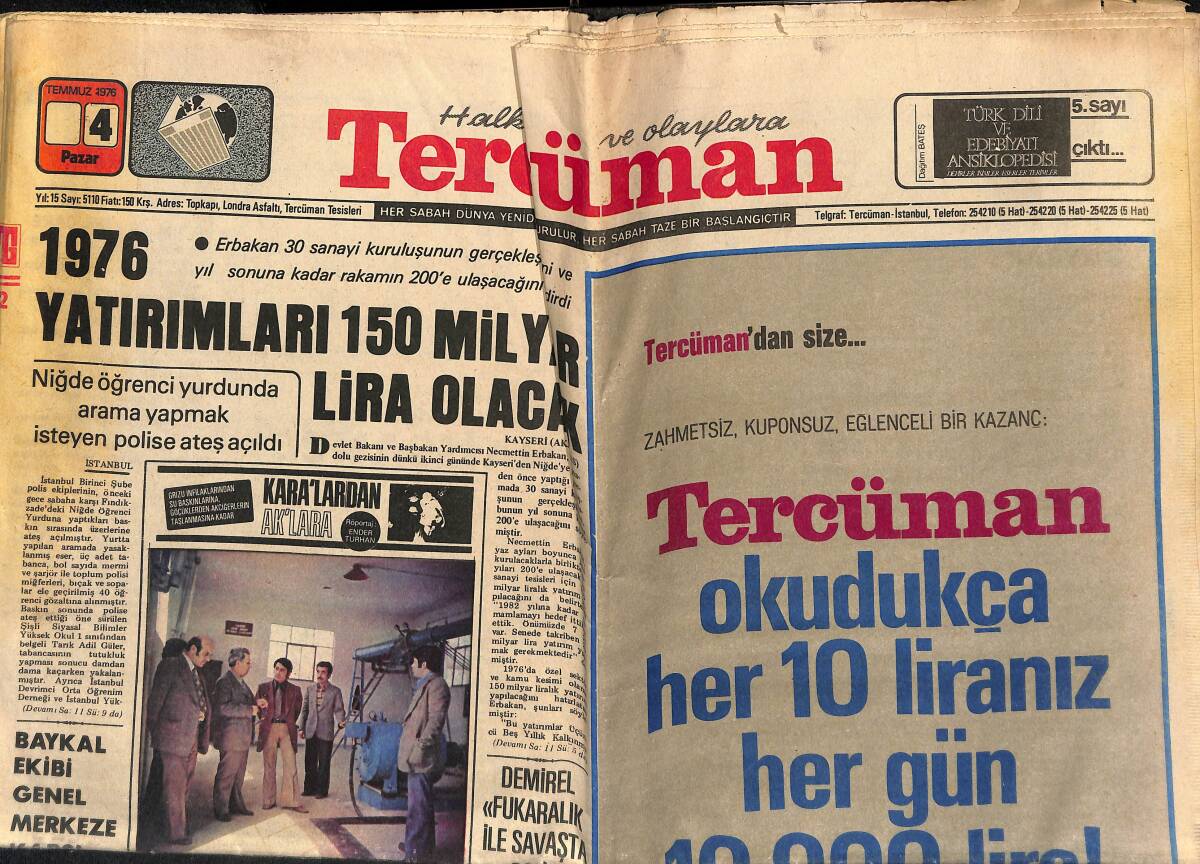 Tercüman Gazetesi 4 Temmuz 1976 - Hani'de Deprem Oldu 1000 Ev Yıkıldı - Baykal Ekibi Genel Merkeze Karşı GZ160299 - 1