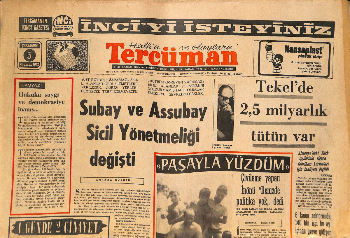 Tercüman Gazetesi 5 Ağustos 1970 - Subay Ve Astsubay Sicil Yönetmenliği Değişti - Bolu, Romanya'dan Antrenör Arıyor! GZ145854 - 1