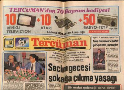 Tercüman Gazetesi 5 Ağustos 1984 - Seçim Gecesi Sokağa Çıkma Yasağı GZ70398 - 2
