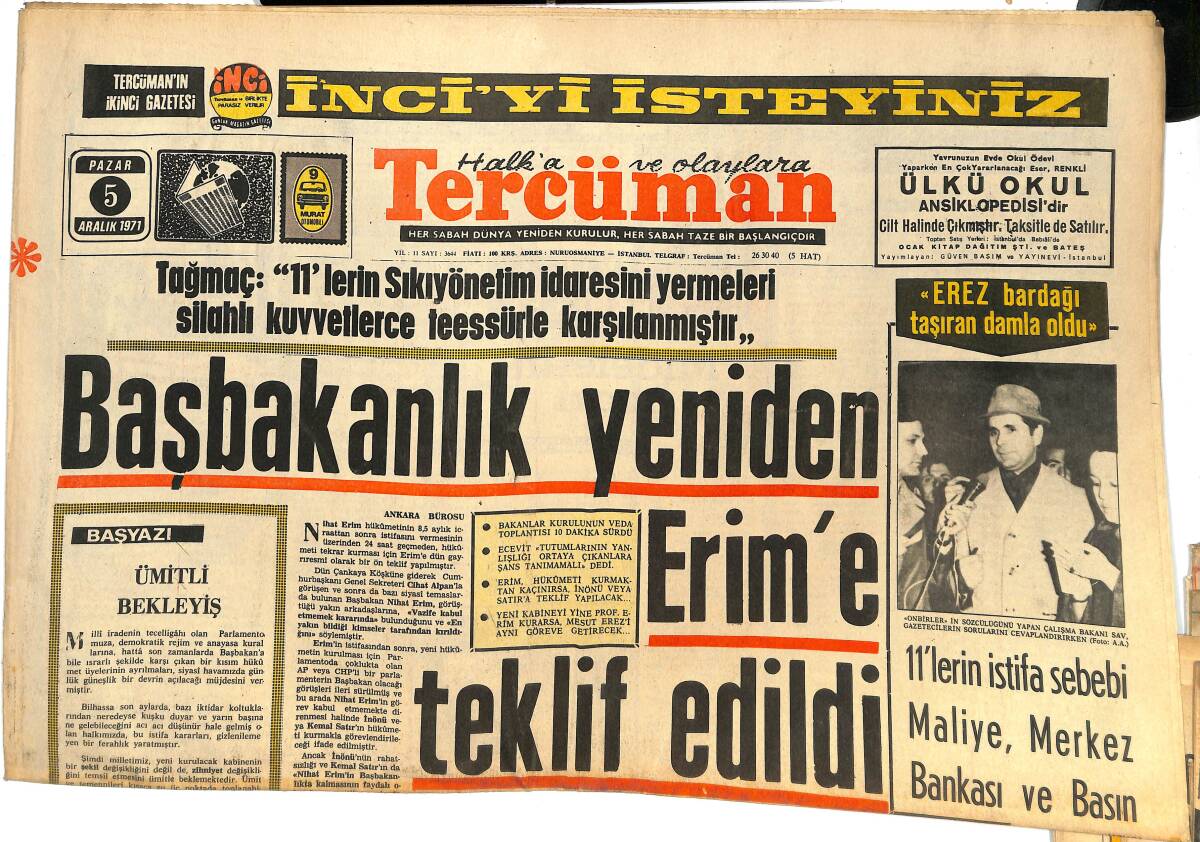 Tercüman Gazetesi 5 Aralık 1971 - Başbakanlık Yeniden Erim'e Teklif Edildi - Hint Birlikleri Saldırıya Geçti! GZ144724 - 1