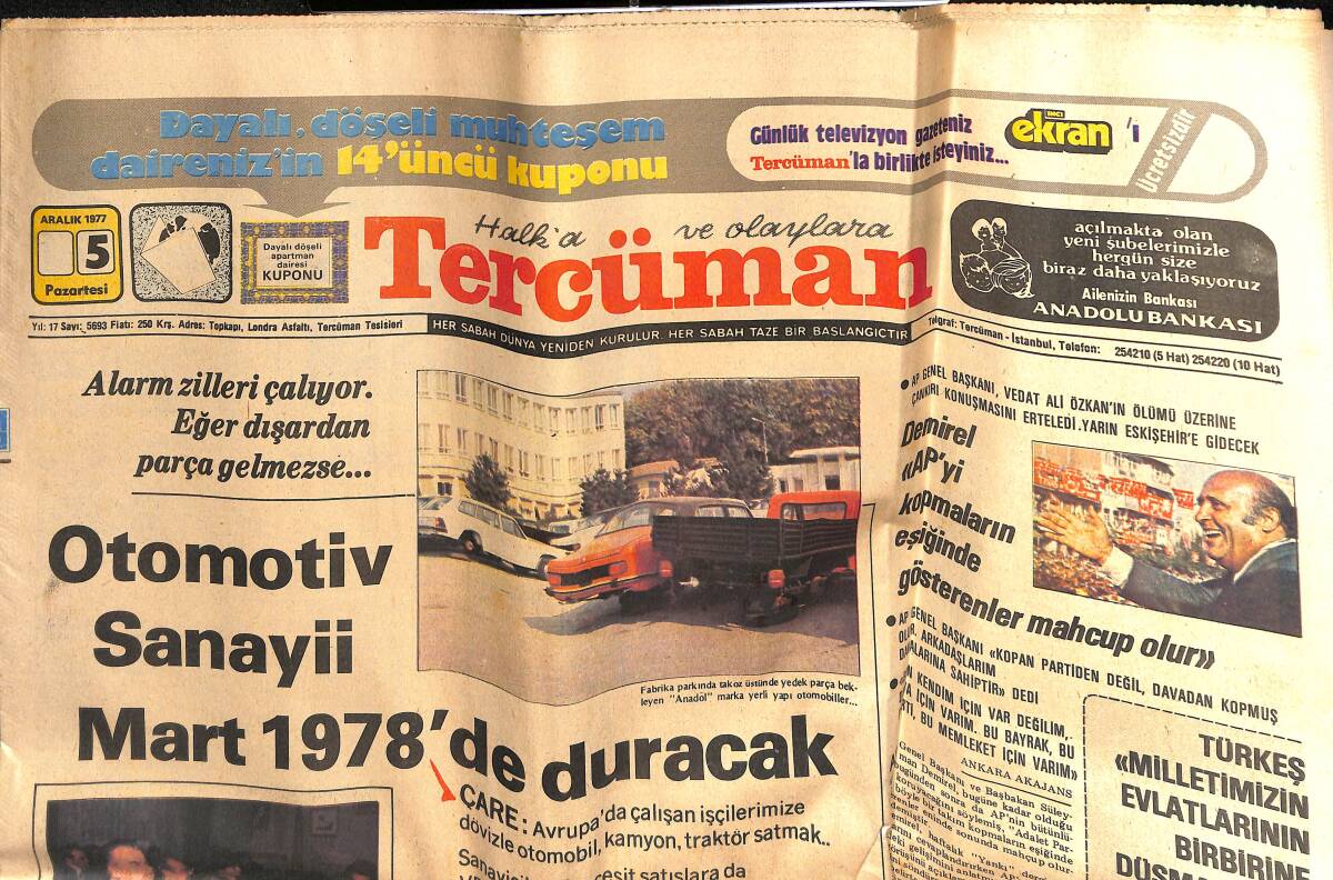 Tercüman Gazetesi 5 Aralık 1977 - Koma Halinde Hastaneye Kaldırılan Bülent Ersoy'un Sağlık Durumu Düzeliyor - Otomotiv Sanayii Mart 1978'de Duracak GZ134519 - 1