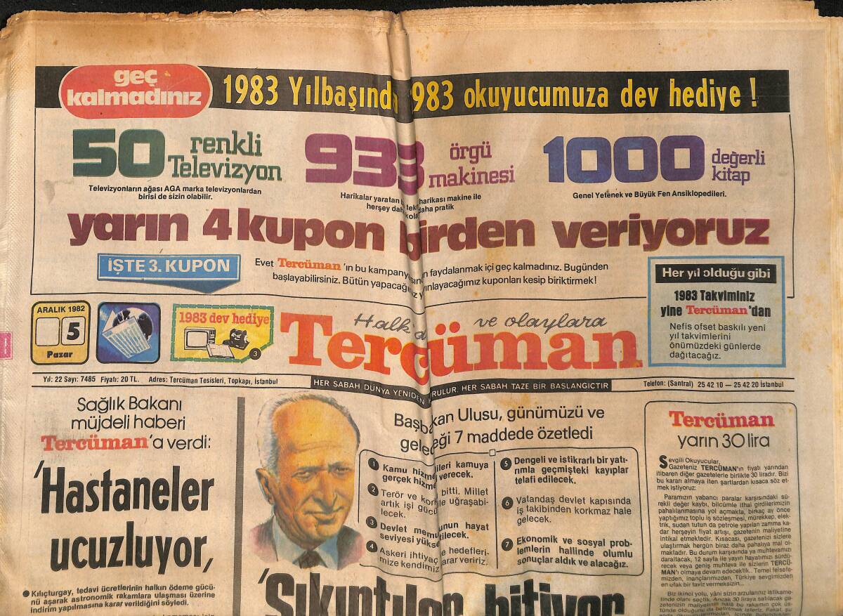 Tercüman Gazetesi 5 Aralık 1982 - Başbakan Ulus; Sıkıntılar Bitiyor - Hastaneler Ucuzluyor - Yılın Sporcusu, Yılın Takımı Belli Oluyor GZ132458 - 1