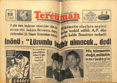 Tercüman Gazetesi 5 Ekim 1962 - İsmet İnönü Nümayişler İçin Gerekli Tedbir Alınacak GZ54707 - 1