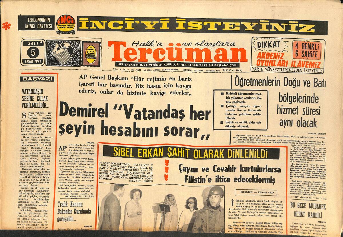 Tercüman Gazetesi 5 Ekim 1971 - Demirel: Vatandaş Her Şeyin Hesabını Sorar - Barzani, Suikasttan Nasıl Kurtulduğunu Açıkladı GZ145581 - 1