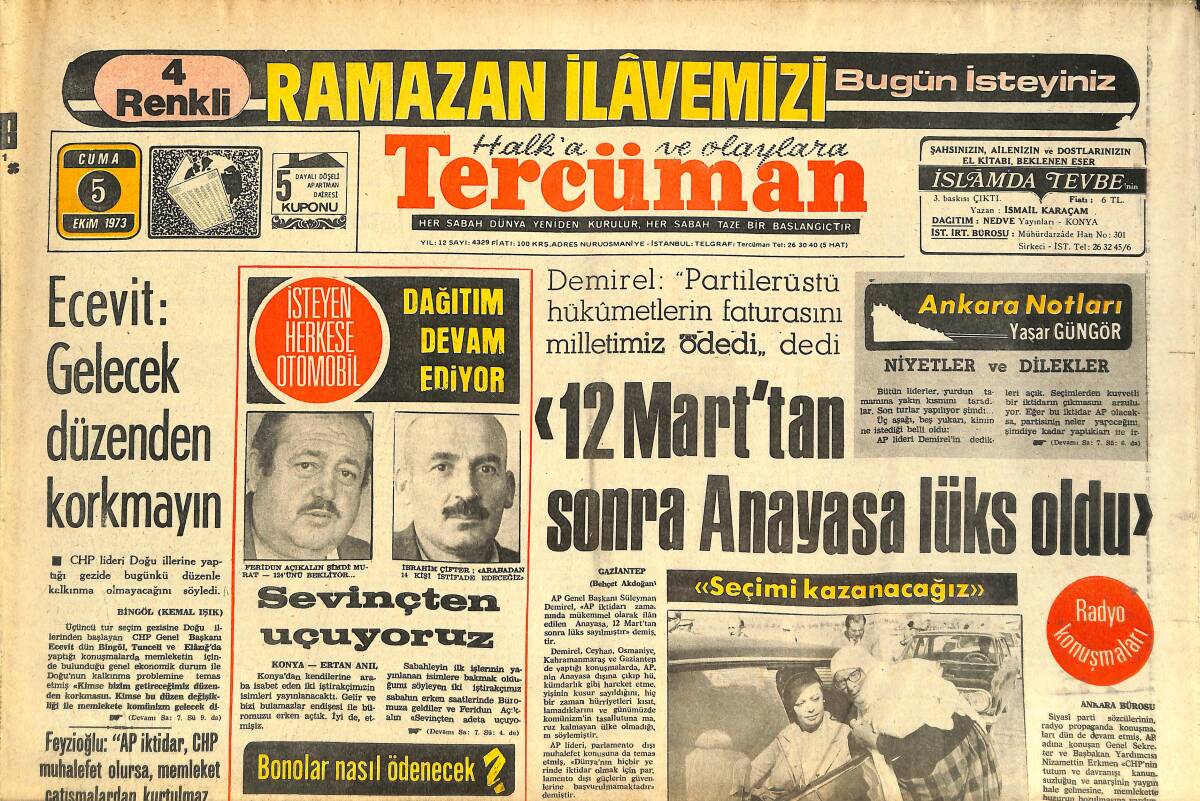 Tercüman Gazetesi 5 Ekim 1973 - Ecevit: Gelecek Düzenden Korkmayın - Didi: Çeyrek Final Hayal Değil Ama Önce Lig GZ144334 - 1