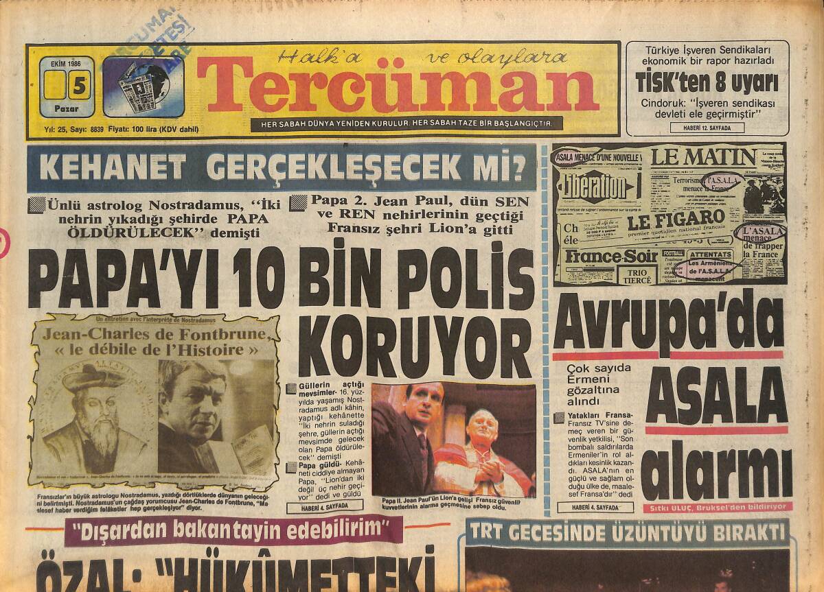 Tercüman Gazetesi 5 Ekim 1986 - Avrupa'da Asala Alarmı - Papa'yı 10 Bin Polis Koruyor GZ133161 - 1