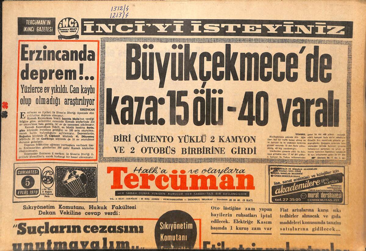 Tercüman Gazetesi 5 Eylül 1970 - İspanyol Arenasında Bir Türk Takımı, Eskişehir Sevilla İle Oynuyor - Erzincan'da Deprem GZ146203 - 1