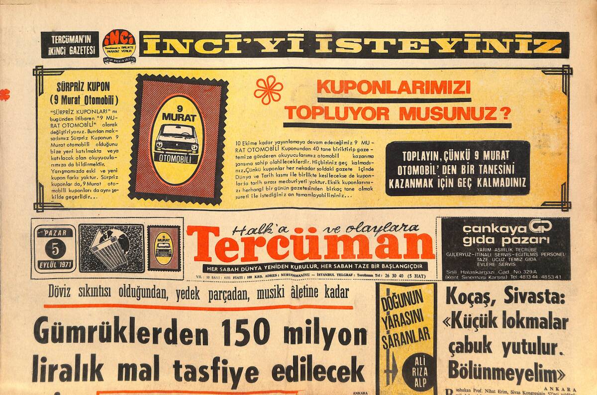 Tercüman Gazetesi 5 Eylül 1971 - Münih'i Temizleyenlerin Yüzde Otuzdördü Türk - Gümrüklerden 150 Milyon Liralık Mal Tasfiye Edilecek! GZ145752 - 1