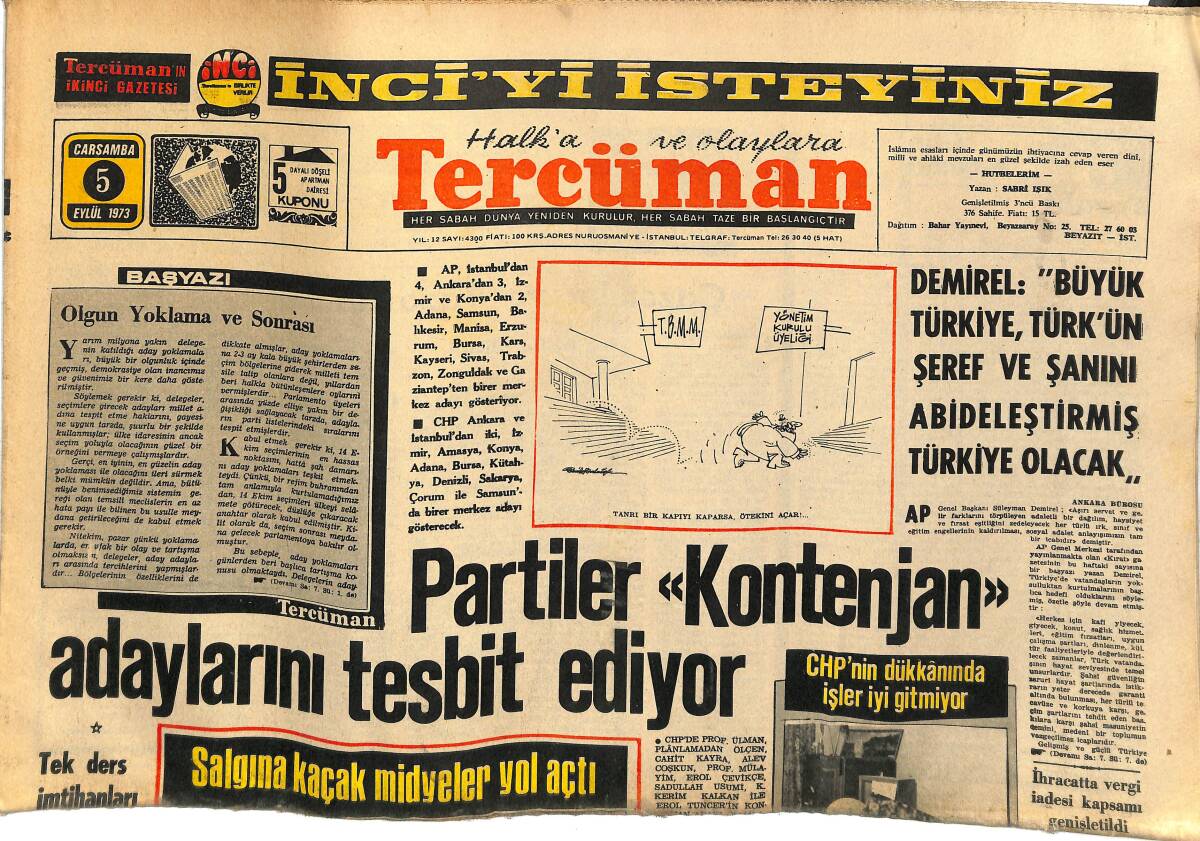 Tercüman Gazetesi 5 Eylül 1973 - Demir-Çelik Grevinde Vehbi Koç Arabulucu - Tamirinden Vazgeçilen Marmara Satışa Çıktı GZ145260 - 1