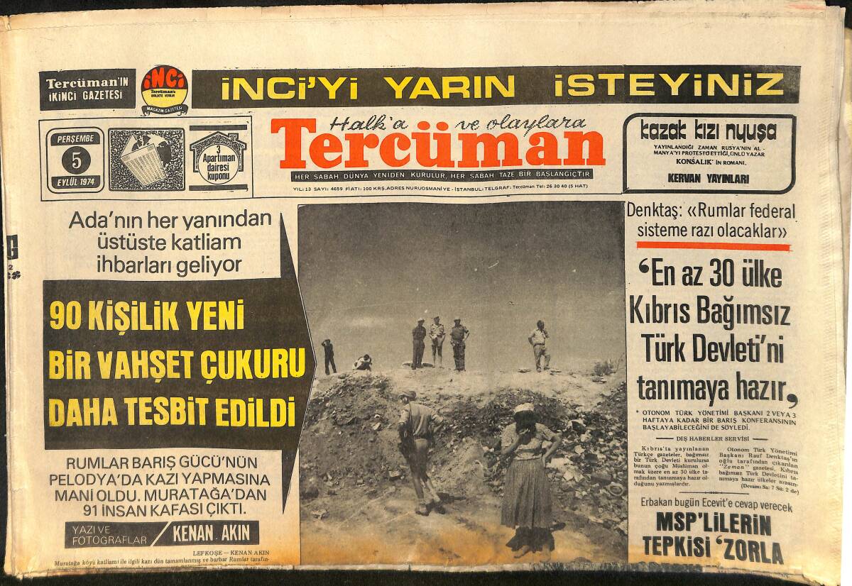 Tercüman Gazetesi 5 Eylül 1974 - En Az 30 Ülke Kıbrıs Bağımsız Türk Devletini Tanımaya Hazır - Galatasaray da Gol Başına Prim Verilecek GZ153527 - 1
