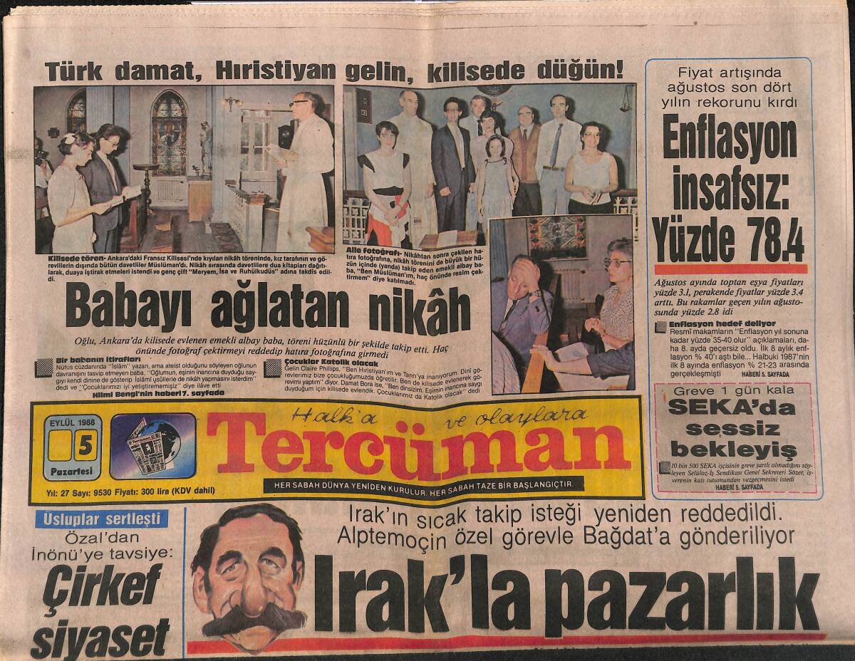 Tercüman Gazetesi 5 Eylül 1988 - Irak'la Pazarlık - Gözucu İle Moskova - Enflasyon İnsafsız GZ149506 - 1