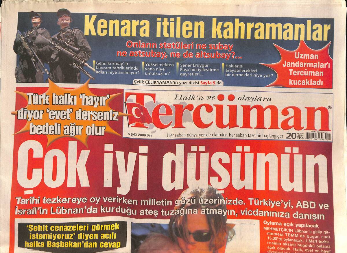 Tercüman Gazetesi 5 Eylül 2006 - Avrupa Parlamentosundan Tehdit Dolu Türkiye Raporu - Milli Eğitimde Skandal Atama Sahtekarlığı GZ137711 - 1