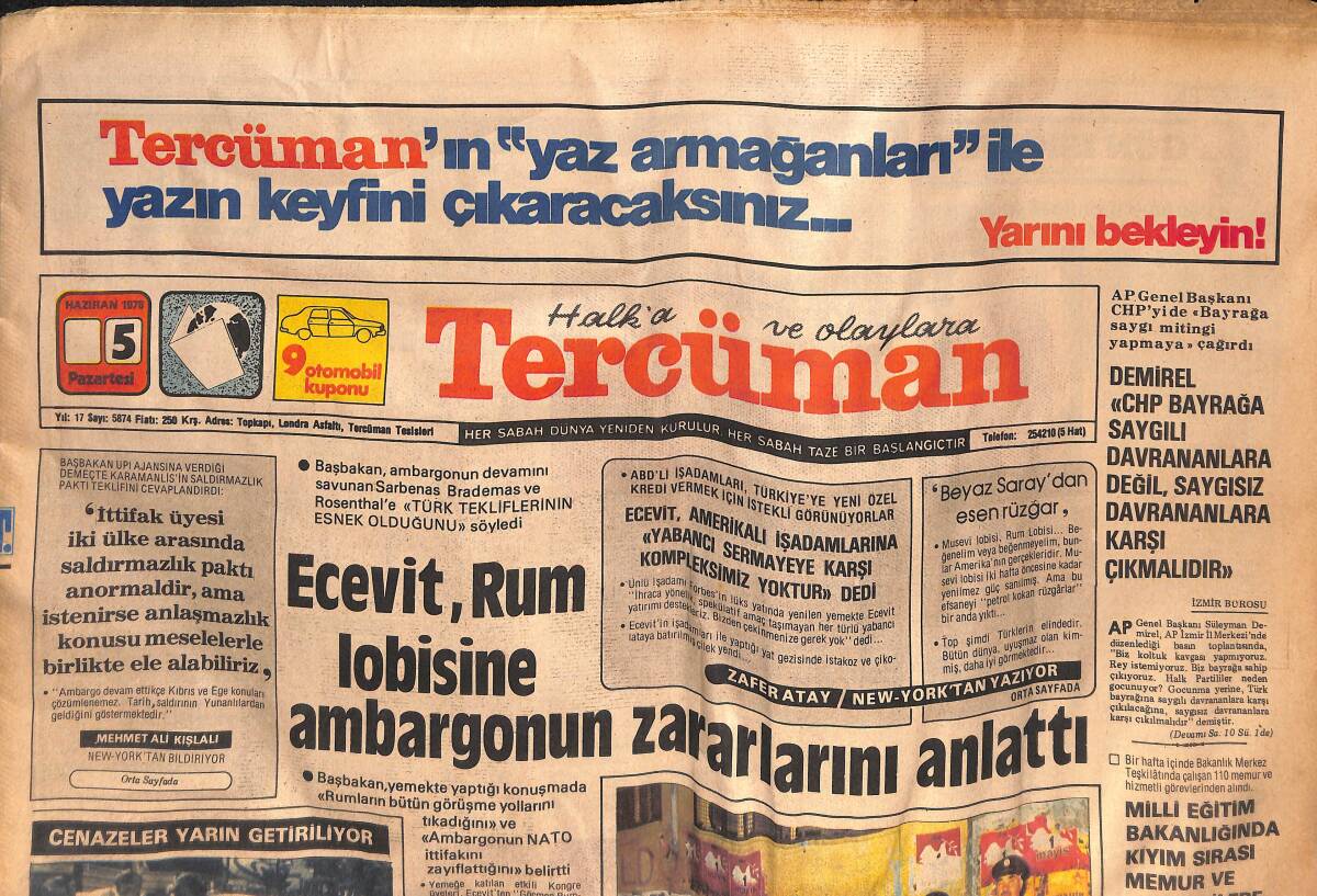 Tercüman Gazetesi 5 Haziran 1978 - Ankara'da Çatışmada 14 Kişi Yaralandı - Zeki Kuneralp'ı Ermeniler Tehdit Etmiş GZ133234 - 1